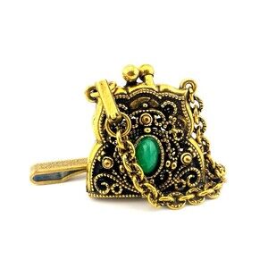 Vintage Chatelaine Coin Purse Charm Kiss Lock Goldette Style Green Stone Clip